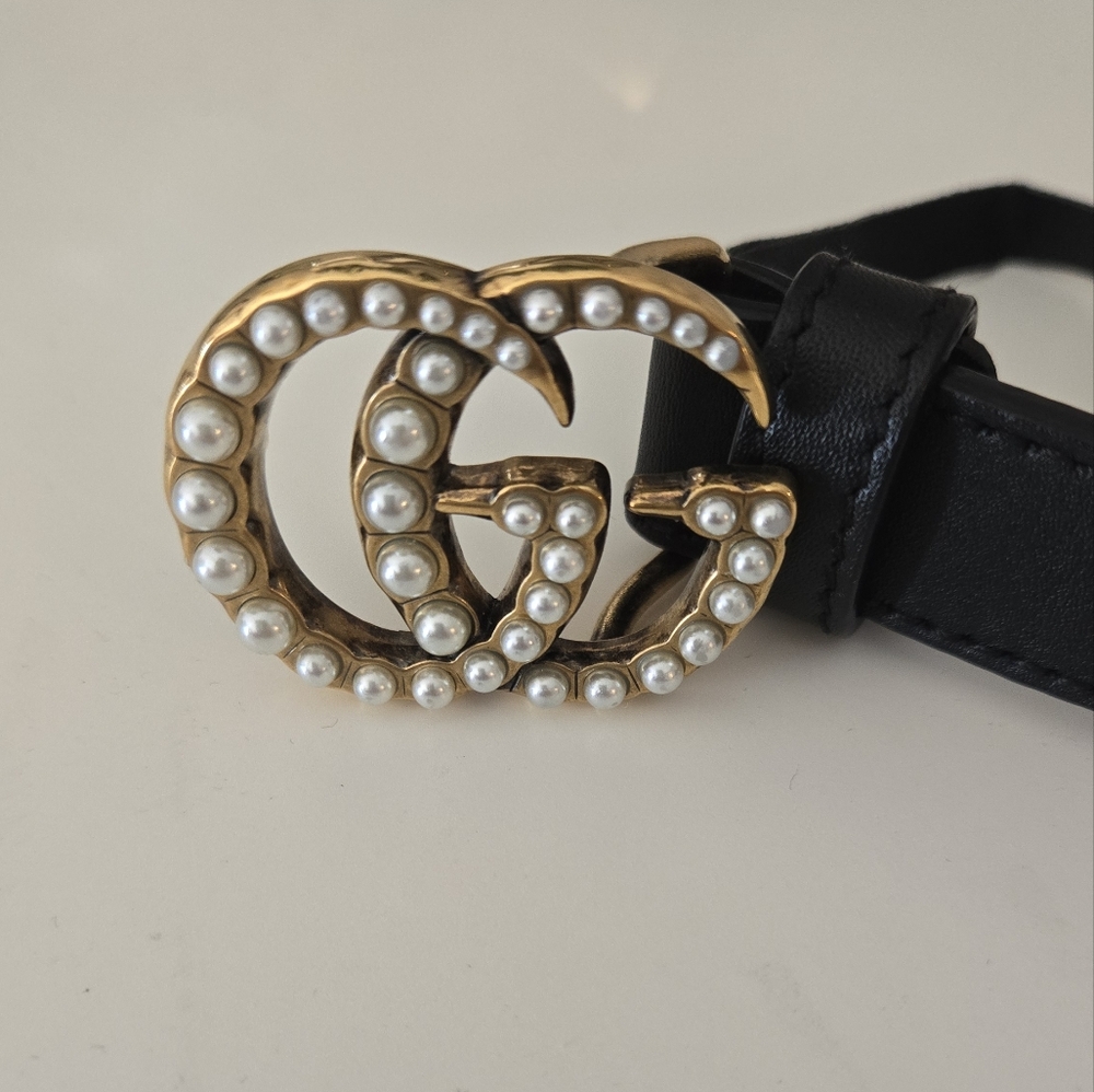 GUCCI GG Marmont belt with pearl effect studs.